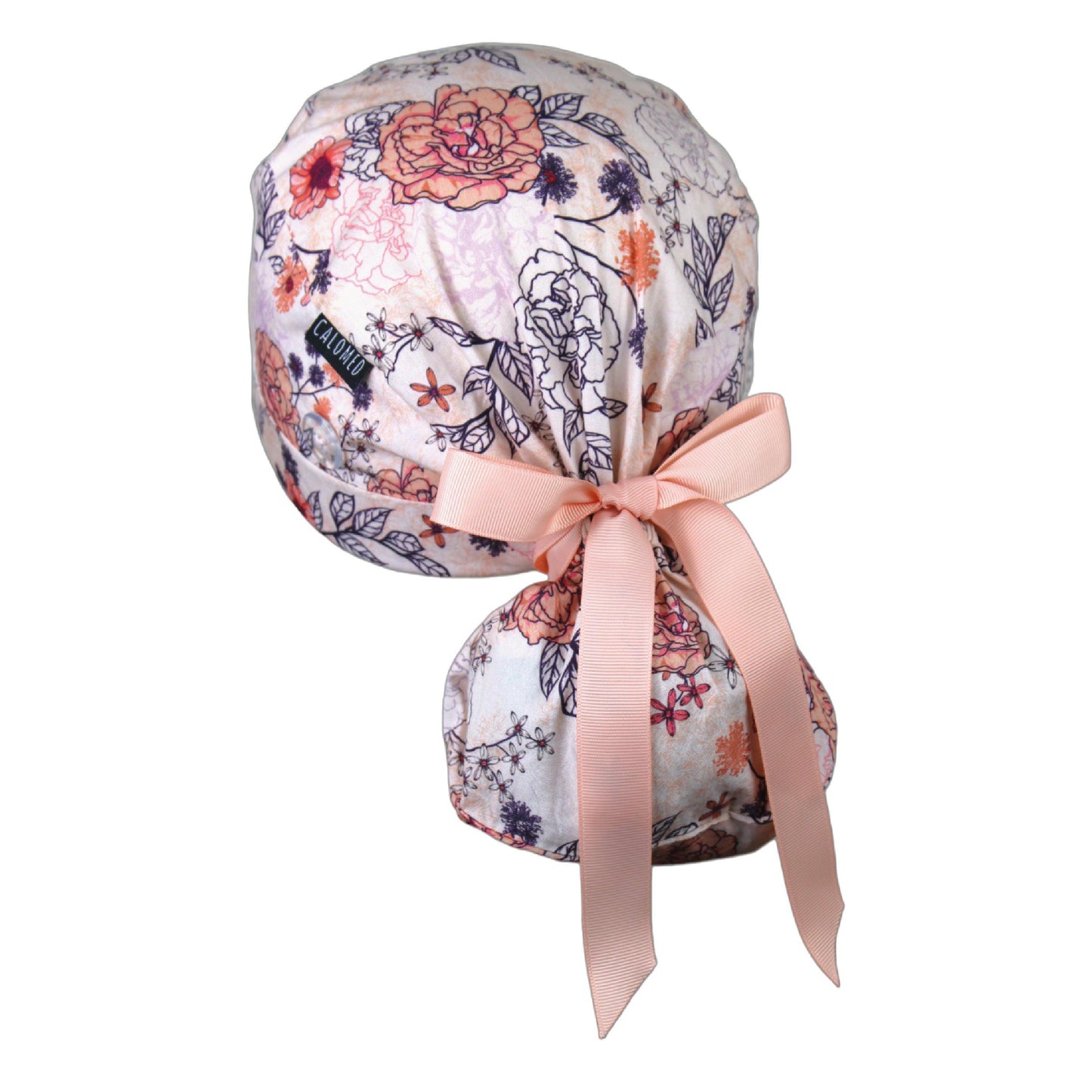 Pink Outlined Flowers Ponytail Scrub Cap - 100% Cotton