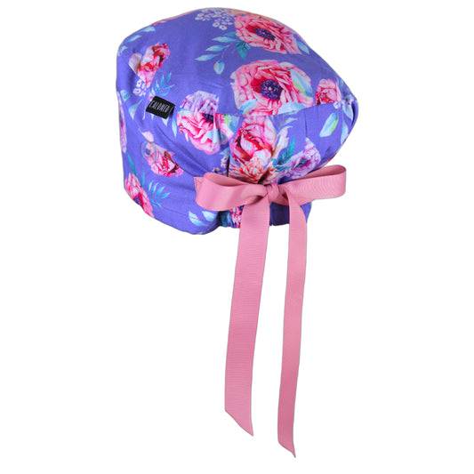 Pink Peonies on Lavender Euro Scrub Cap - 100% Cotton