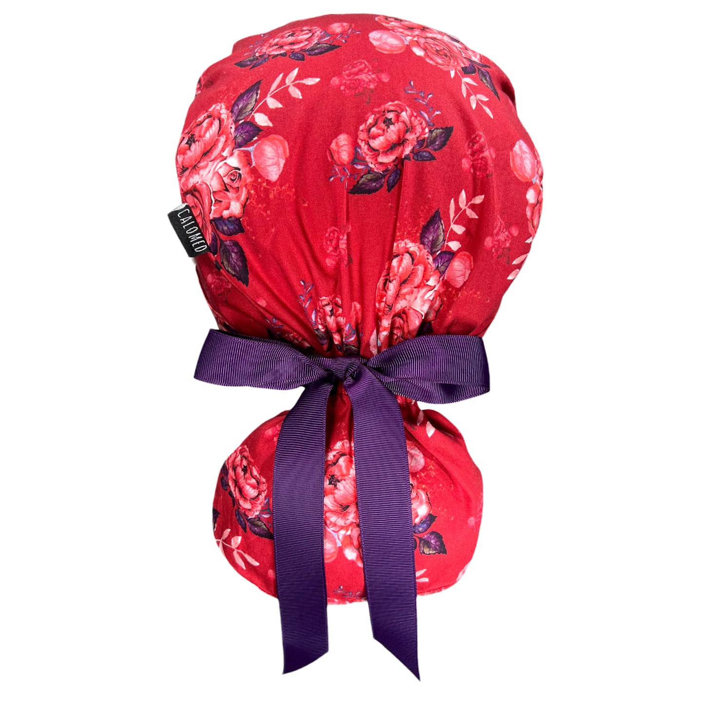 Pink Roses on Red Ponytail Scrub Cap - 100% Cotton