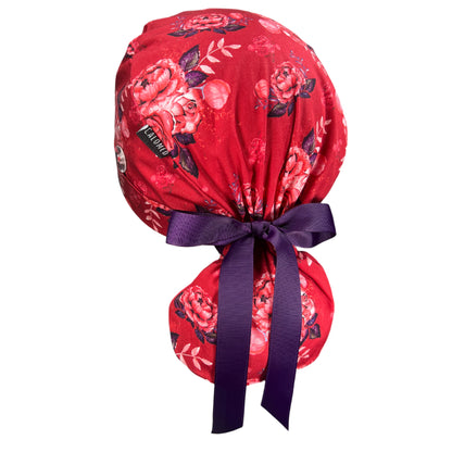 Pink Roses on Red Ponytail Scrub Cap - 100% Cotton