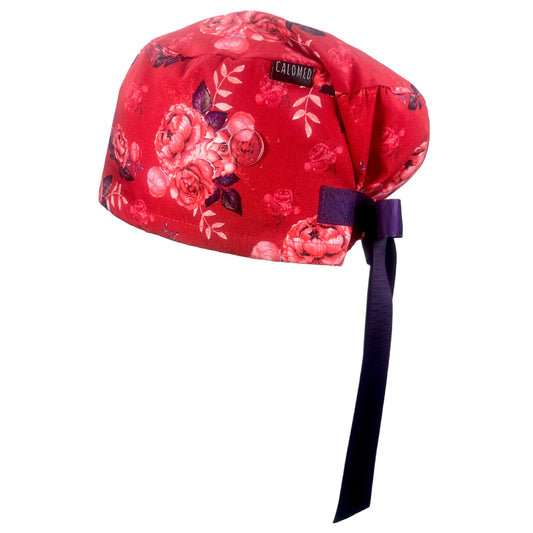 Pink Roses on Red Euro Scrub Cap - 100% Cotton