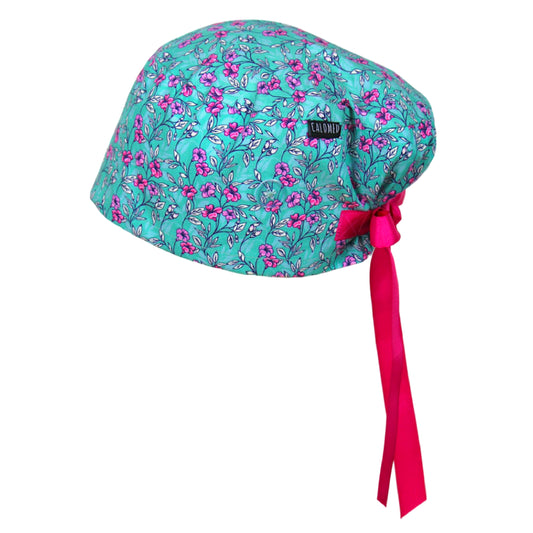 Purple Floral Vines on Aqua Euro Scrub Cap - 100% Cotton