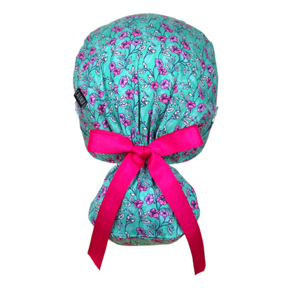 Purple Floral Vines on Aqua Ponytail Scrub Cap