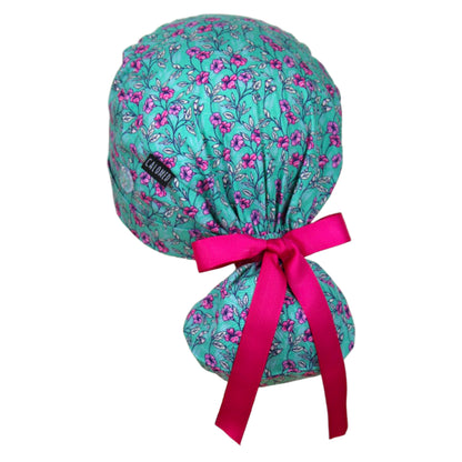 Purple Floral Vines on Aqua Ponytail Scrub Cap