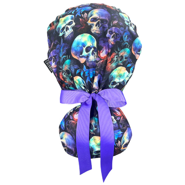 Purple Skulls Ponytail Scrub Cap