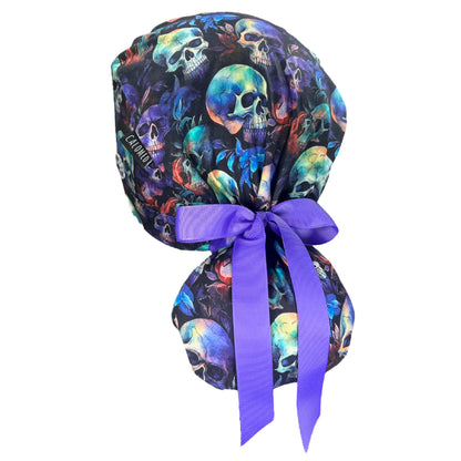 Purple Skulls Ponytail Scrub Cap