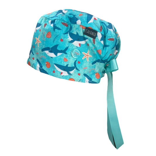 sharks and seashells euro scrub cap side 