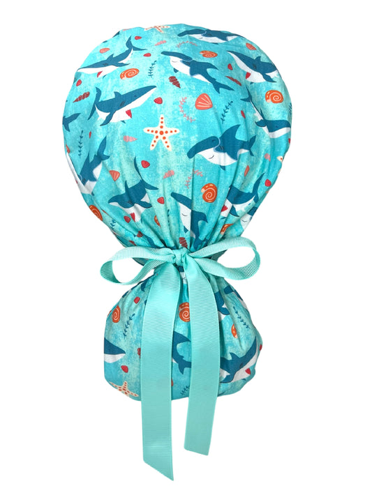 Sharks and Seashells in the Sea Ponytail Scrub Cap - 100% Cotton