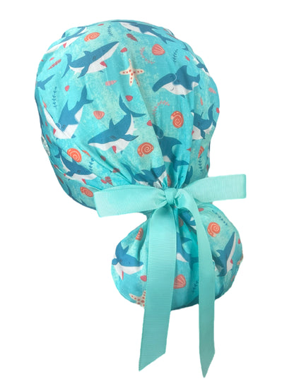 Sharks and Seashells in the Sea Ponytail Scrub Cap - 100% Cotton