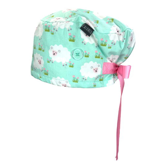 Sheeps and Flowers in the Grass Euro Scrub Cap - 100% Cotton