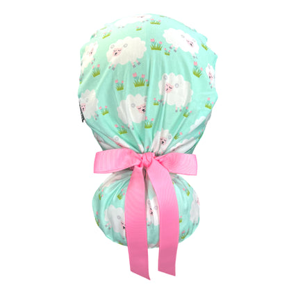 Sheeps and Flowers in the Grass Ponytail Scrub Cap - 100% Cotton