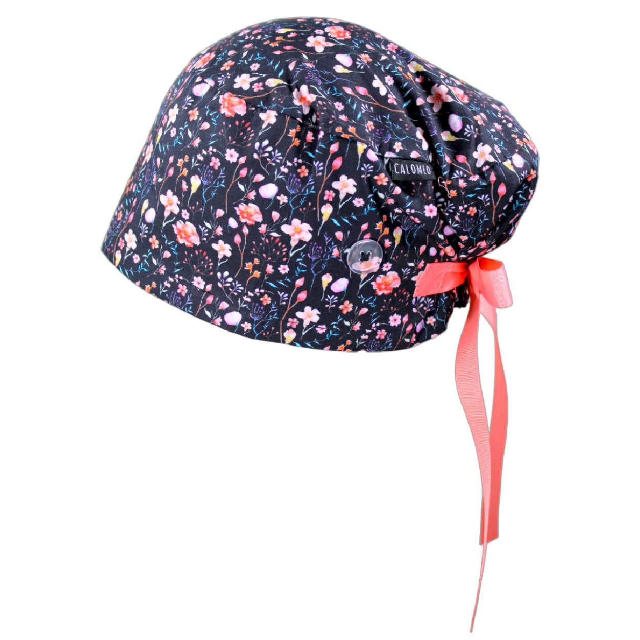 Small Flowers on Black Euro Scrub Cap - 100% Cotton