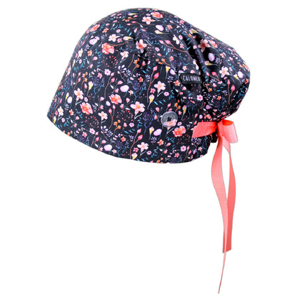 Small Flowers on Black Euro Scrub Cap - 100% Cotton