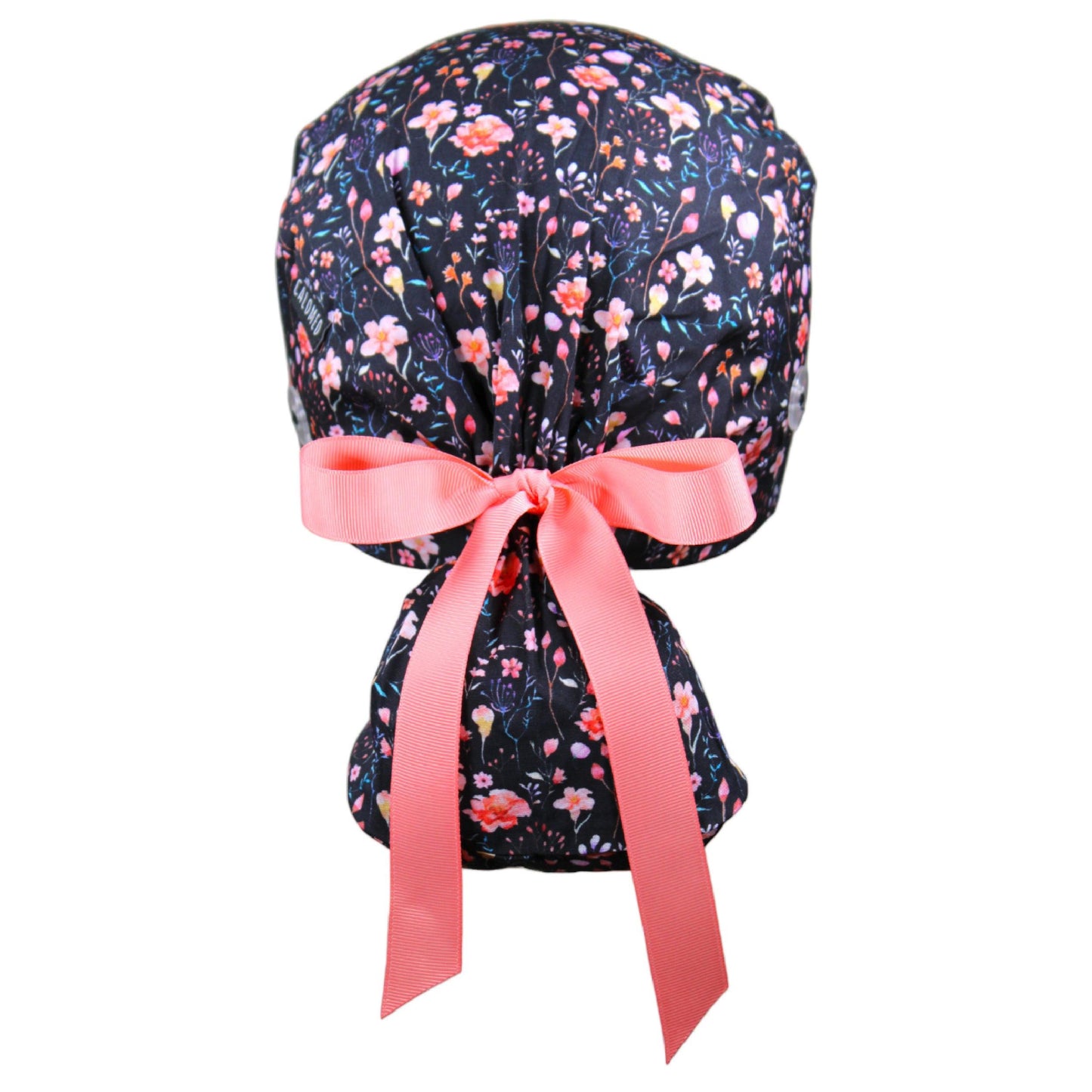 Small Flowers on Black Ponytail Scrub Cap - 100% Cotton