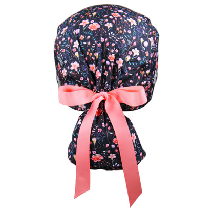Small Flowers on Black Ponytail Scrub Cap - 100% Cotton