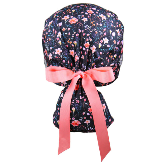 Small Flowers on Black Ponytail Scrub Cap - 100% Cotton