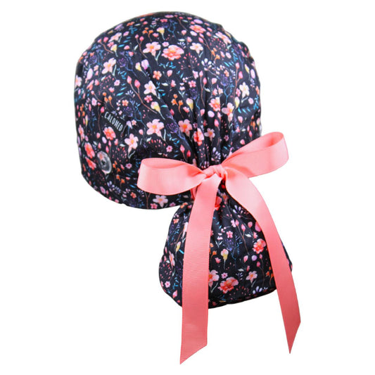 Small Flowers on Black Ponytail Scrub Cap - 100% Cotton
