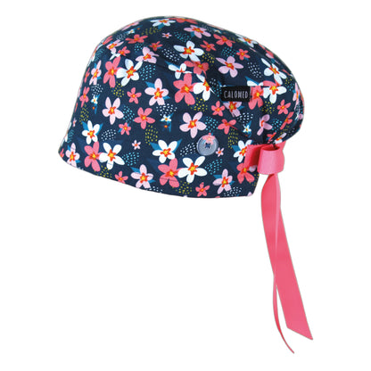 Small Pink Flowers on Navy Blue Euro Scrub Cap