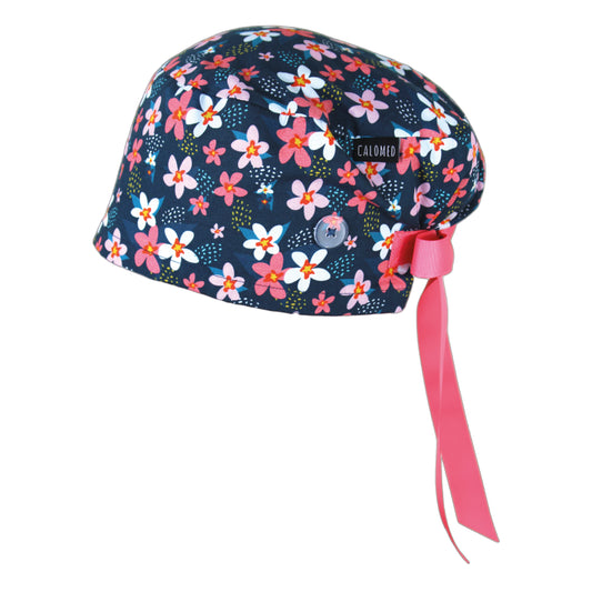 Small Pink Flowers on Navy Blue Euro Scrub Cap - 100% Cotton
