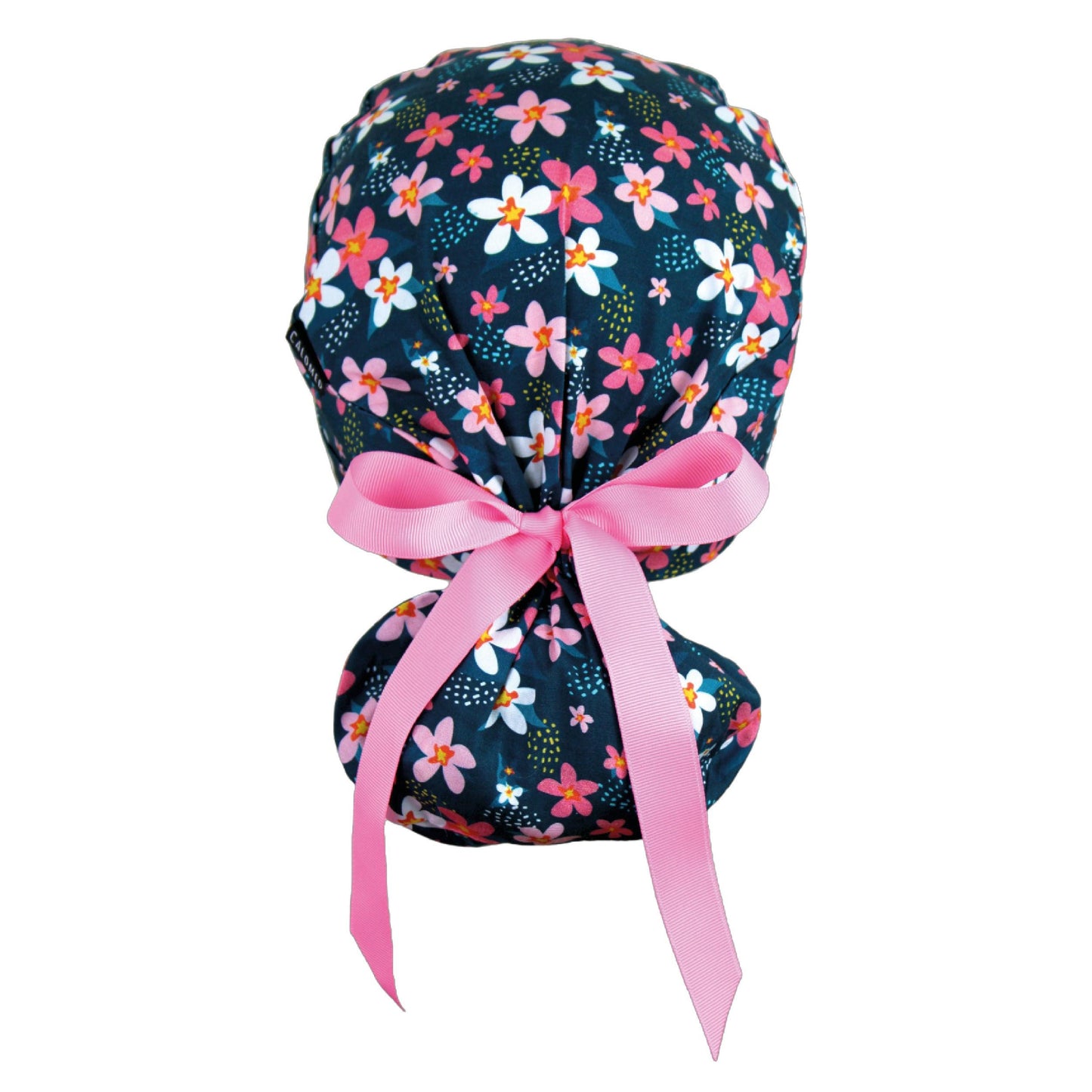 Small Pink Flowers on Navy Blue Ponytail Scrub Cap