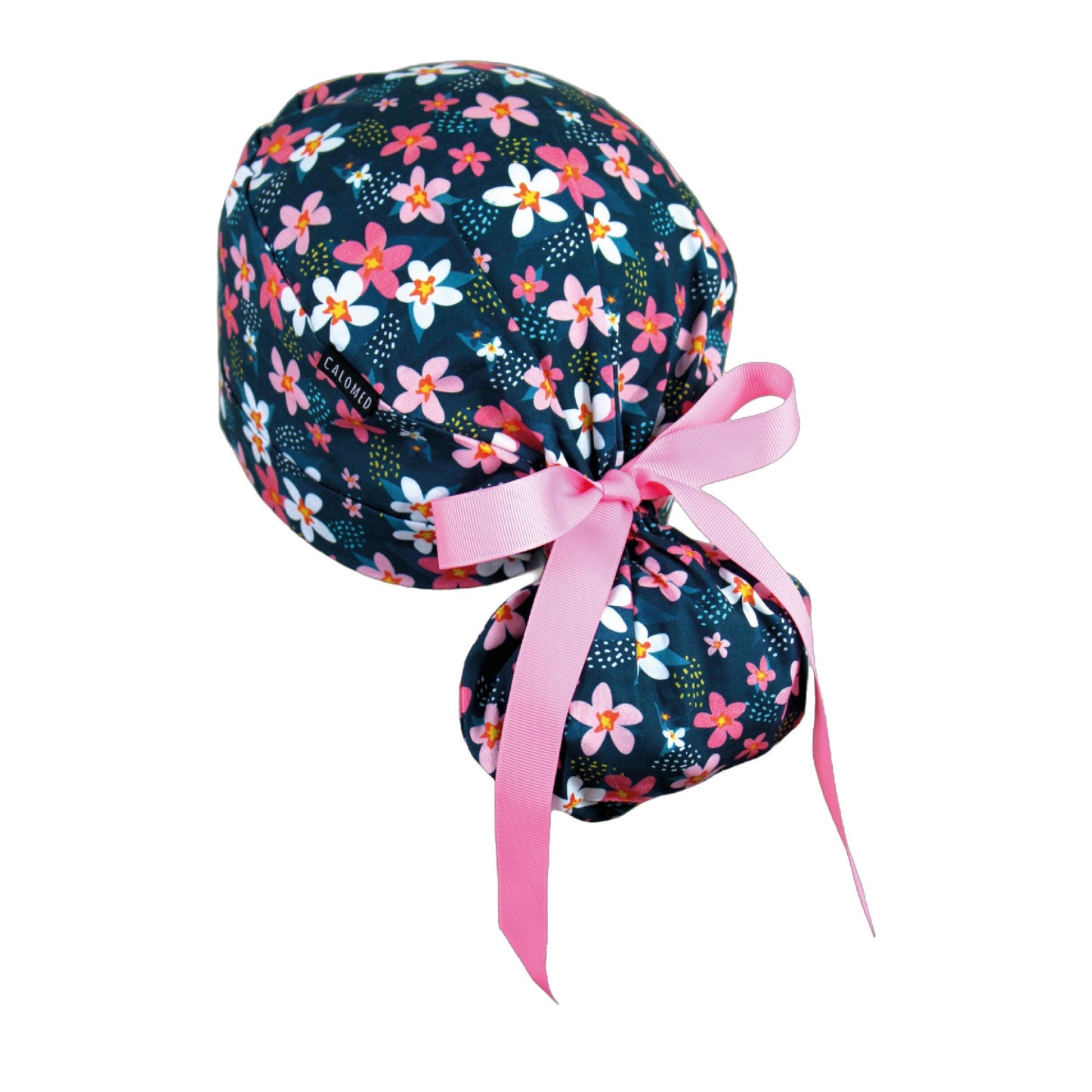 Small Pink Flowers on Navy Blue Ponytail Scrub Cap