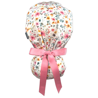 Small Watercolor Flowers on Ivory Ponytail Scrub Cap