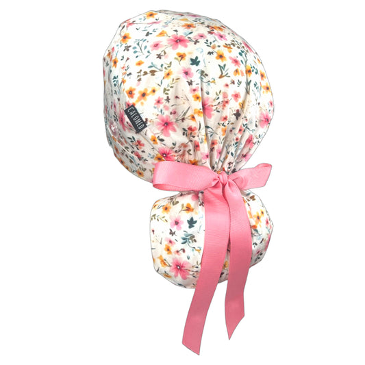 Small Watercolor Flowers on Ivory Ponytail Scrub Cap - 100% Cotton