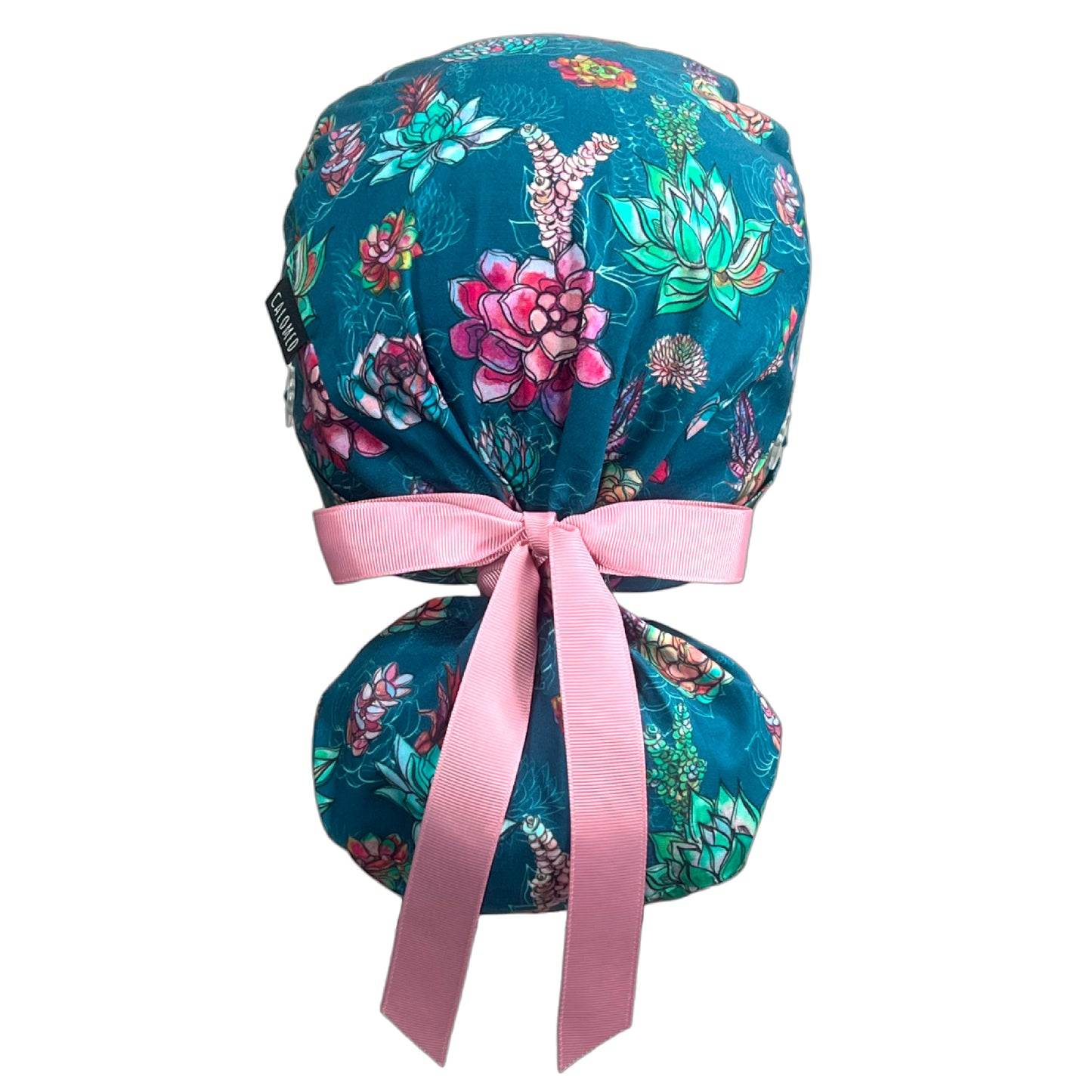 Succulents on Teal Ponytail Scrub Cap - 100% Cotton