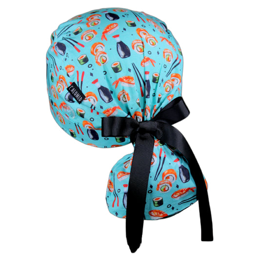 Sushis on Light Blue Ponytail Scrub Cap - 100% Cotton