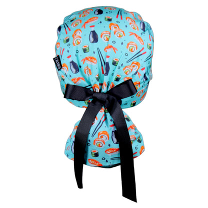 Sushis on Light Blue Ponytail Scrub Cap - 100% Cotton