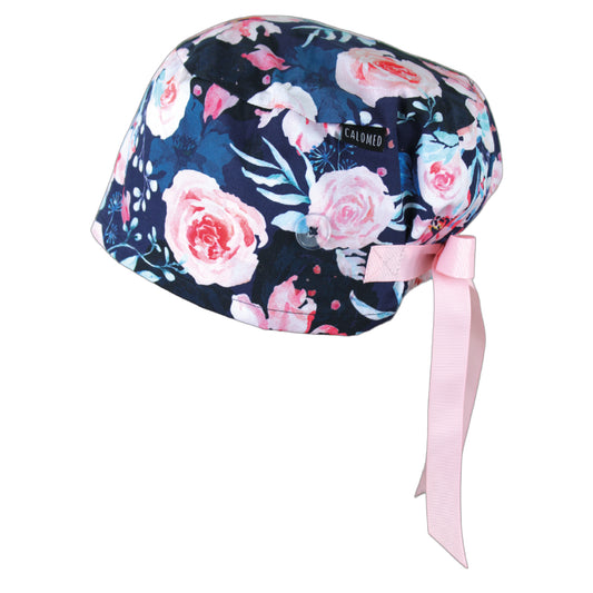 Watercolor Flowers on Navy Blue Euro Scrub Cap - 100% Cotton