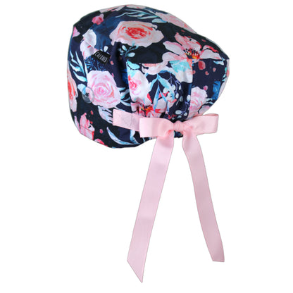 Watercolor Flowers on Navy Blue Euro Scrub Cap