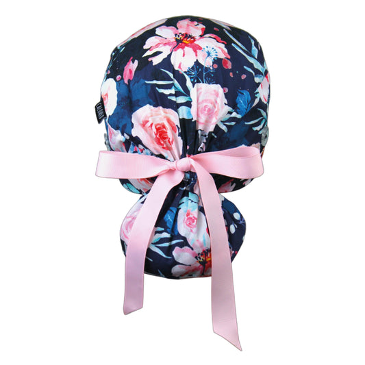 Watercolor Flowers on Navy Blue Ponytail Scrub Cap - 100% Cotton