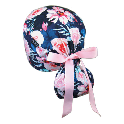 Watercolor Flowers on Navy Blue Ponytail Scrub Cap - 100% Cotton
