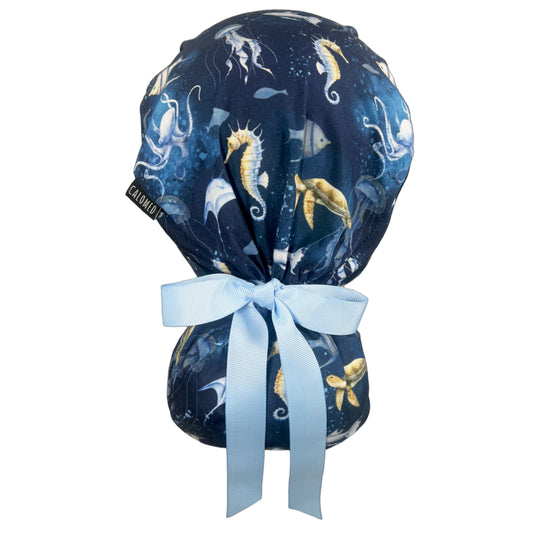 Watercolor Ocean Creatures Ponytail Scrub Cap - 100% Cotton
