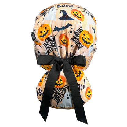 Watercolor Pumpkins and Ghosts Ponytail Scrub Cap - 100% Cotton