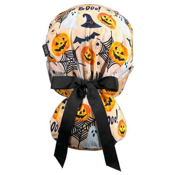 Watercolor Pumpkins and Ghosts Ponytail Scrub Cap