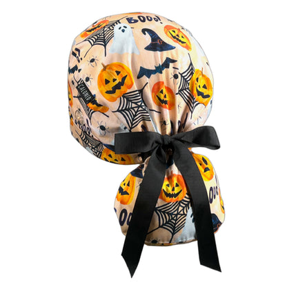 Watercolor Pumpkins and Ghosts Ponytail Scrub Cap - 100% Cotton