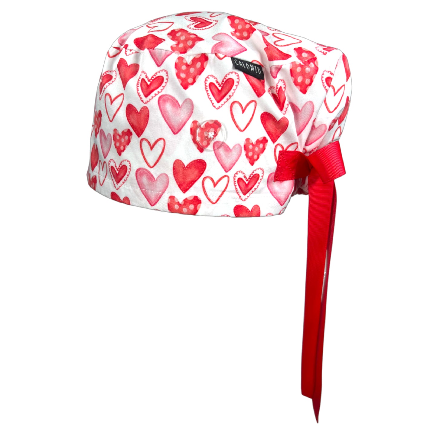 Watercolor Red Hearts on White Euro Scrub Cap