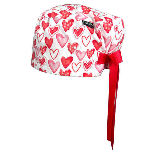 Watercolor Red Hearts on White Euro Scrub Cap - 100% Cotton