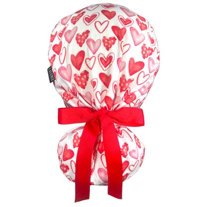 Watercolor Red Hearts on White Ponytail Scrub Cap