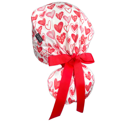 Watercolor Red Hearts on White Ponytail Scrub Cap