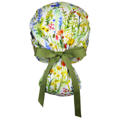 Watercolor Stemed Wildflowers Ponytail Scrub Cap - 100% Cotton