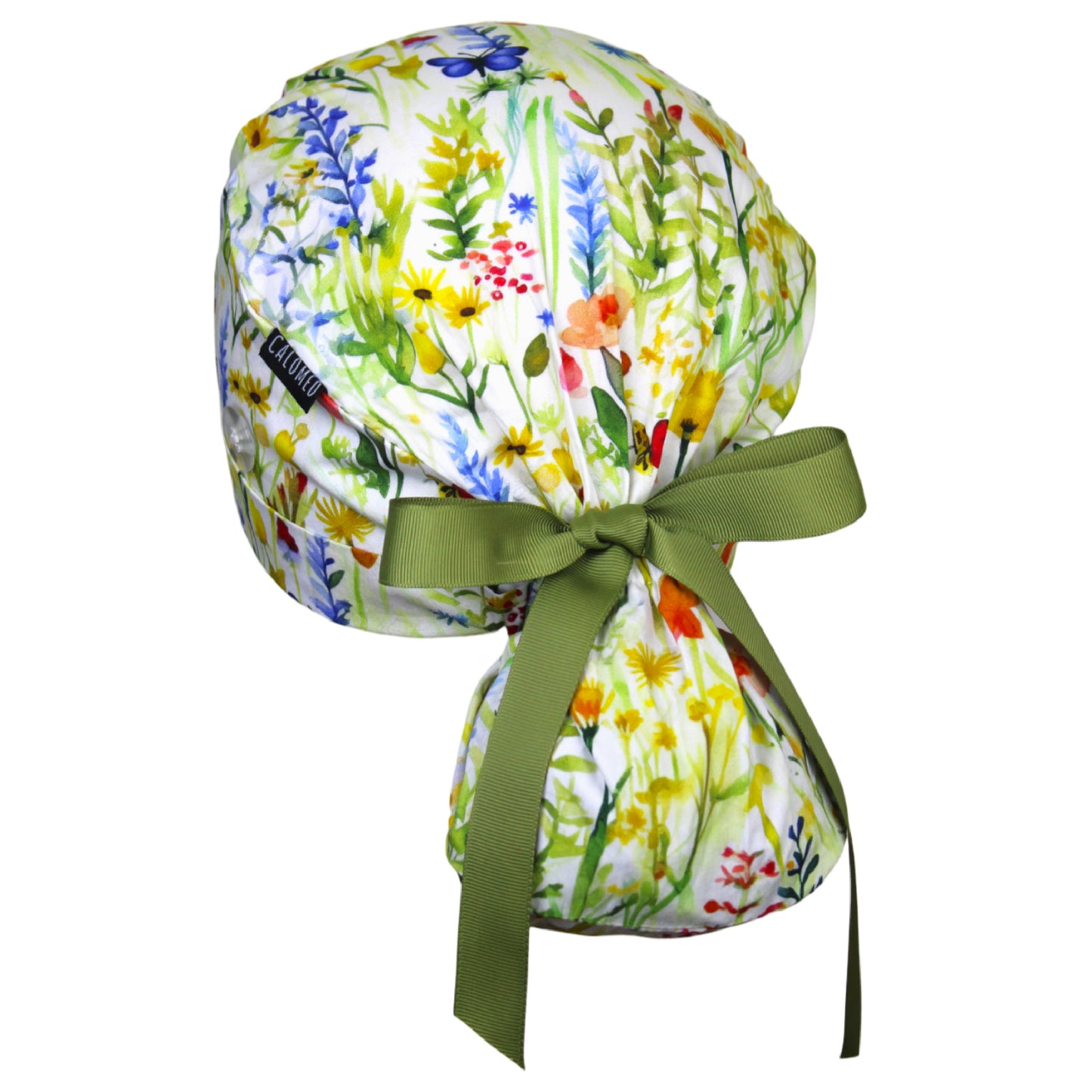 Watercolor Stemed Wildflowers Ponytail Scrub Cap - 100% Cotton