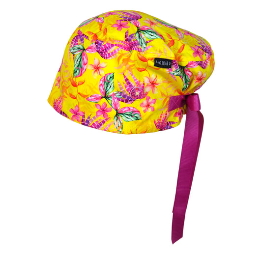 Watercolor Tropical Flowers on Yellow Euro Scrub Cap - 100% Cotton