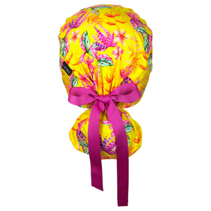 Watercolor Tropical Flowers on Yellow Ponytail Scrub Cap