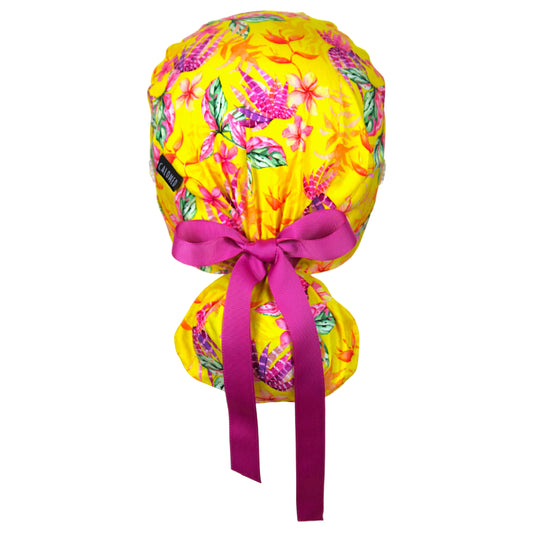 Watercolor Tropical Flowers on Yellow Ponytail Scrub Cap - 100% Cotton