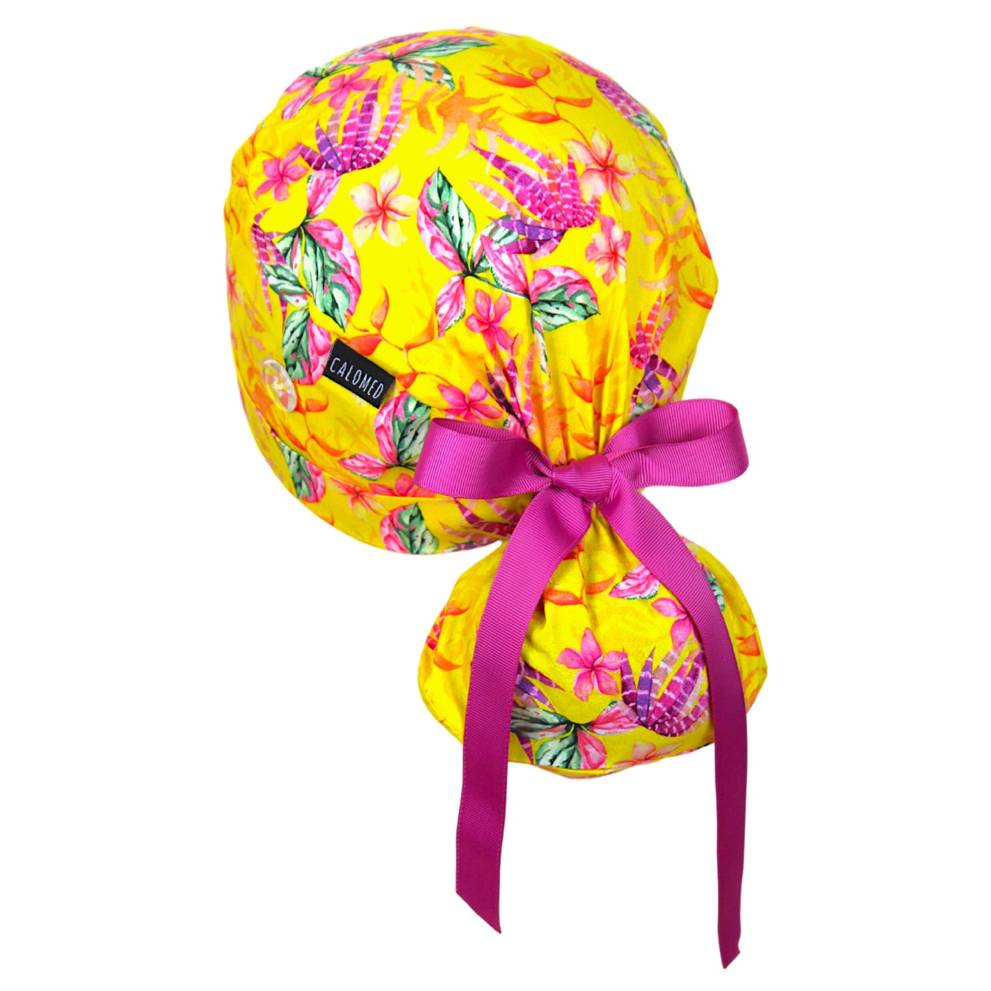 Watercolor Tropical Flowers on Yellow Ponytail Scrub Cap