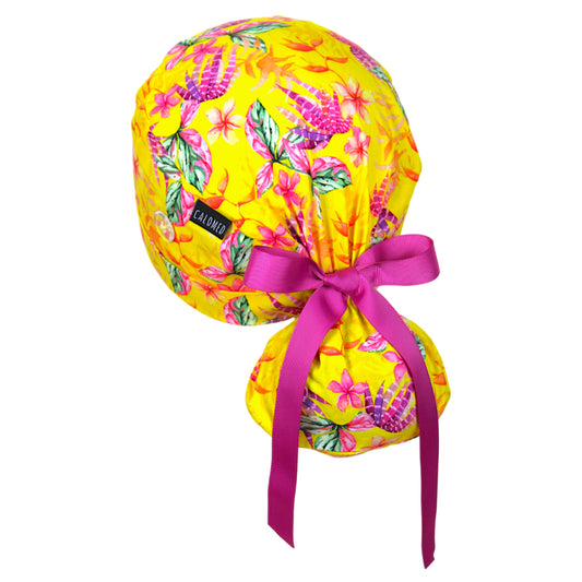 Watercolor Tropical Flowers on Yellow Ponytail Scrub Cap - 100% Cotton