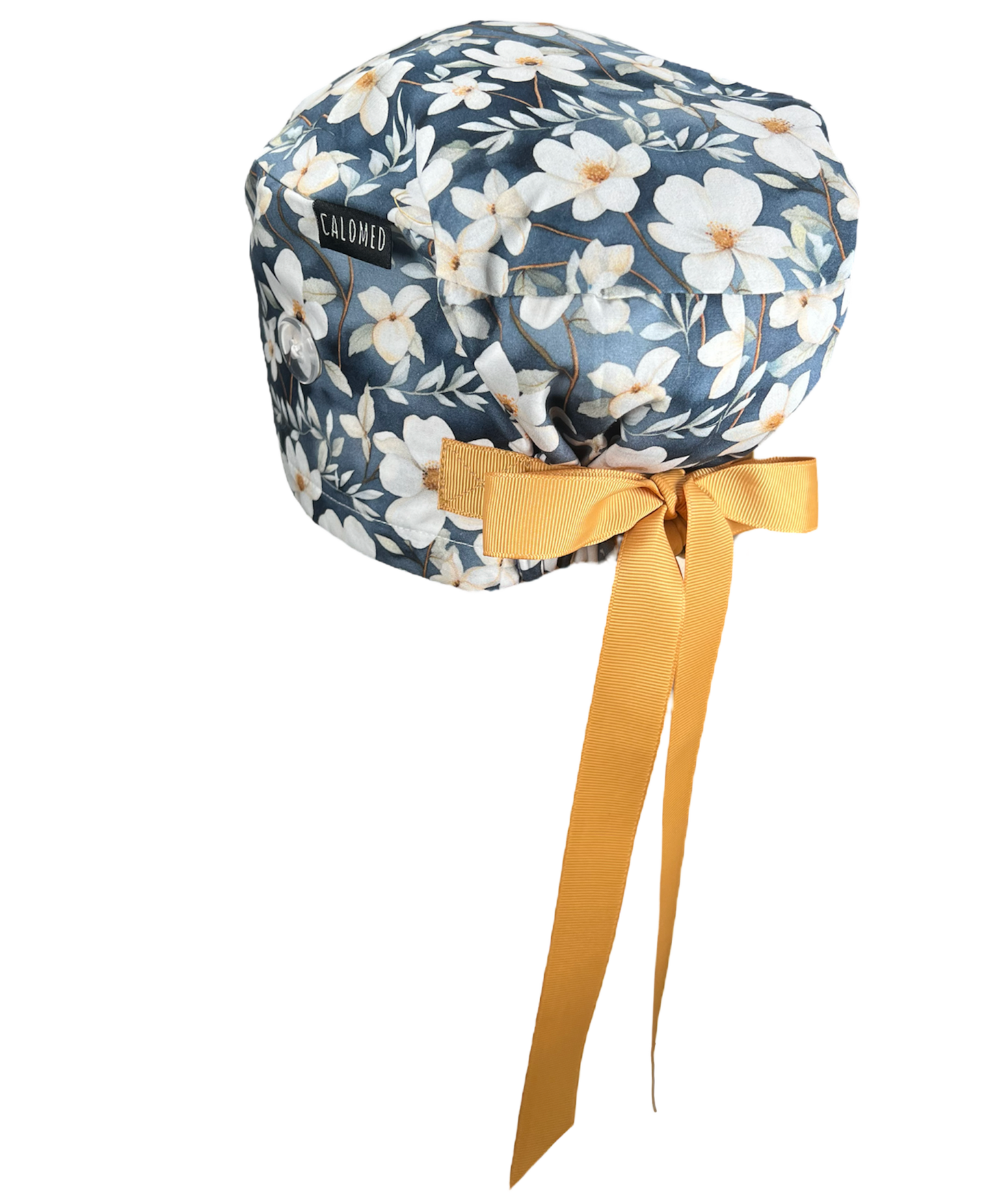 White Flowers on Gray Euro Scrub Cap - 100% Cotton